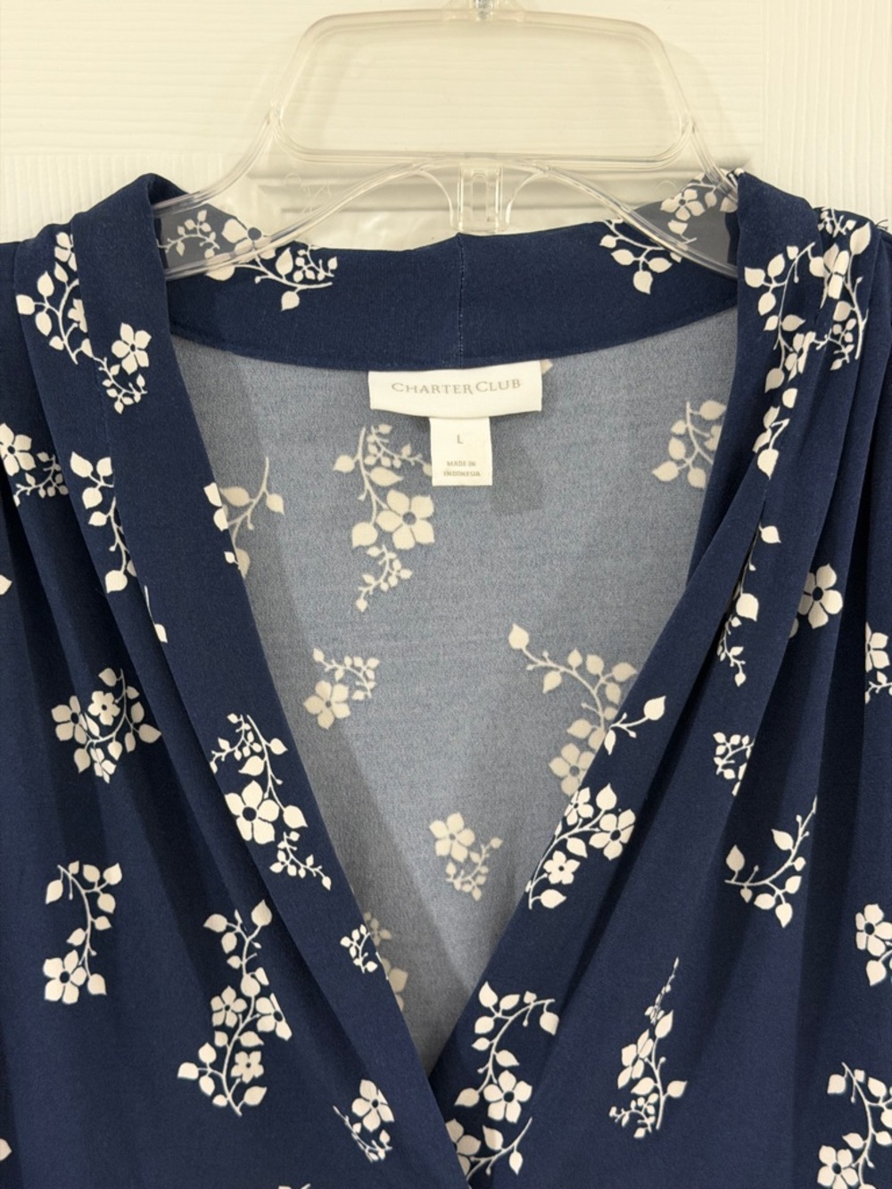 Charter Club Navy Blue Floral V-Neck Blouse - Picture 3 of 4